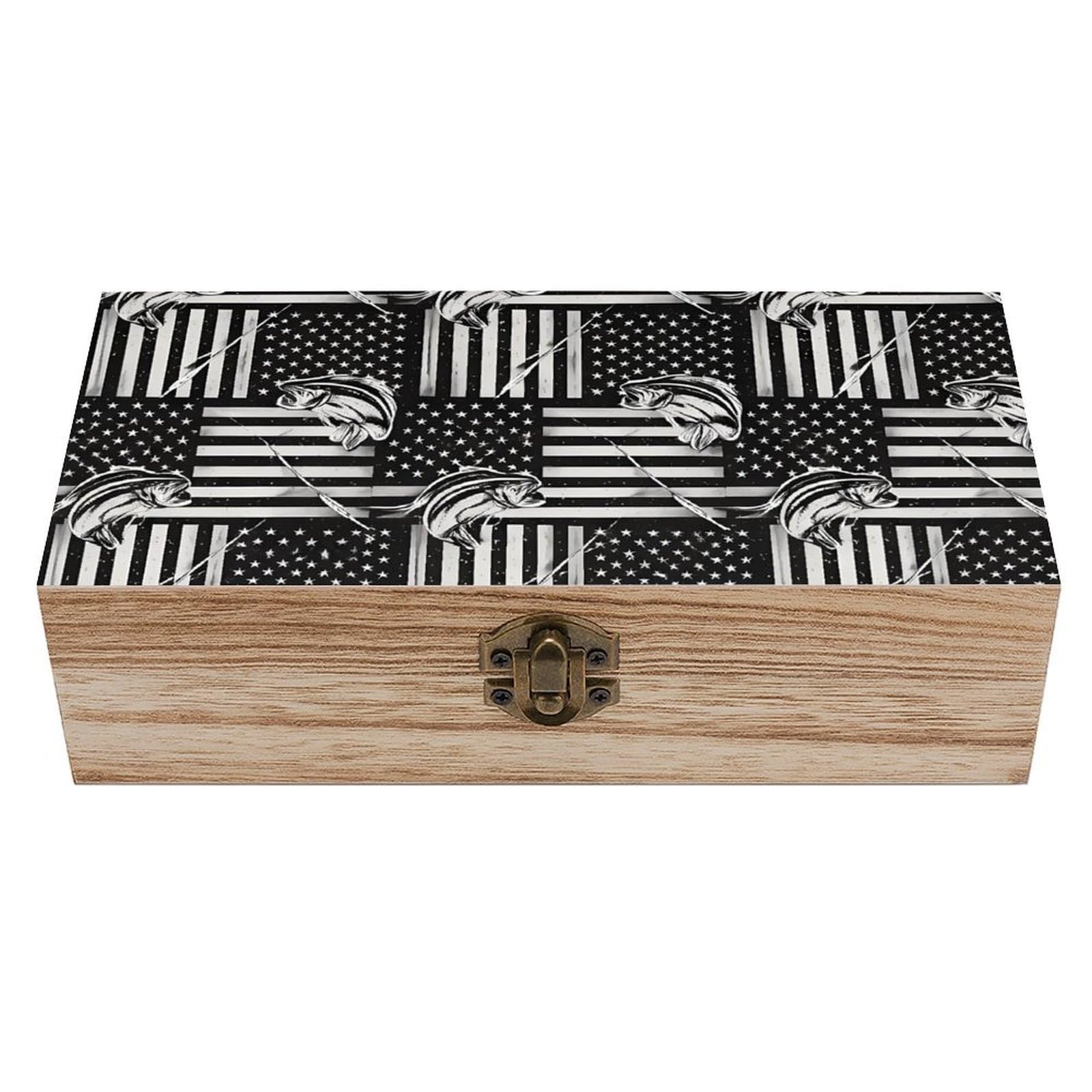 HLBSDM Bass Fishing Lure And American Flag Wooden Storage Box