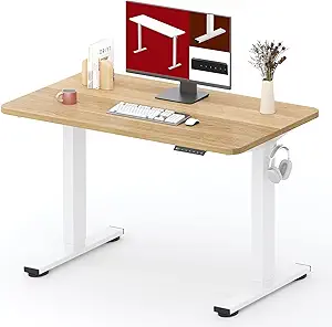 SANODESK Standing Desk Height Adjustable Electric 40x24 Inches Sit Stand Desk for Home Office Ergonomic with Splice Board Two Hooks, White Frame/Maple Top