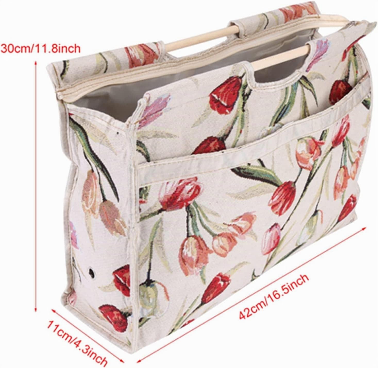 Borsa Tote per Maglia 1 Pezzo con Manico in Legno, Porta Progetti Portatile per Aghi e Matassine, Fiore Rosso, per Cucito e Lavori a Maglia in Casa