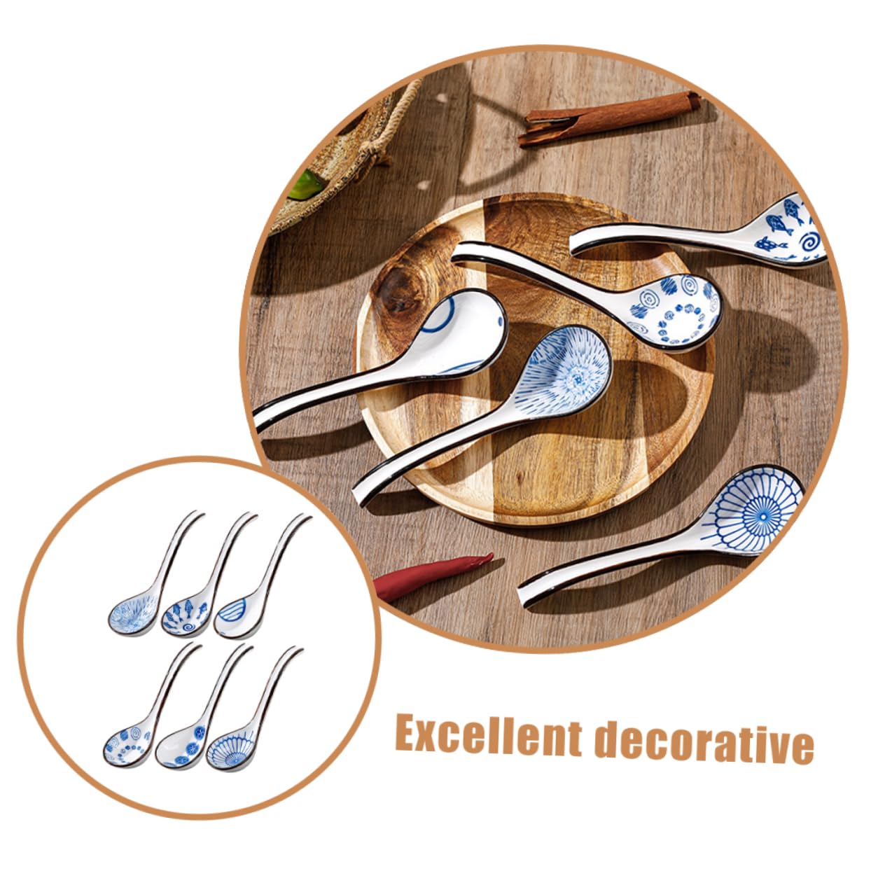 Cuillère à Soupe Chinoise en Céramique Bleu et Blanc, Lot de 6