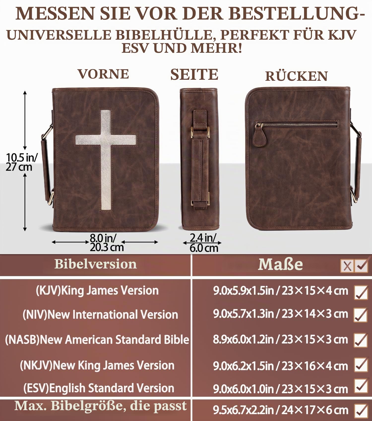Veganes Leder Bibel Cover Case Bibeltasche mit Handytasche Bibelhülle für Männer Frauen Christliche Geschenkbox Verpackung (Braun)