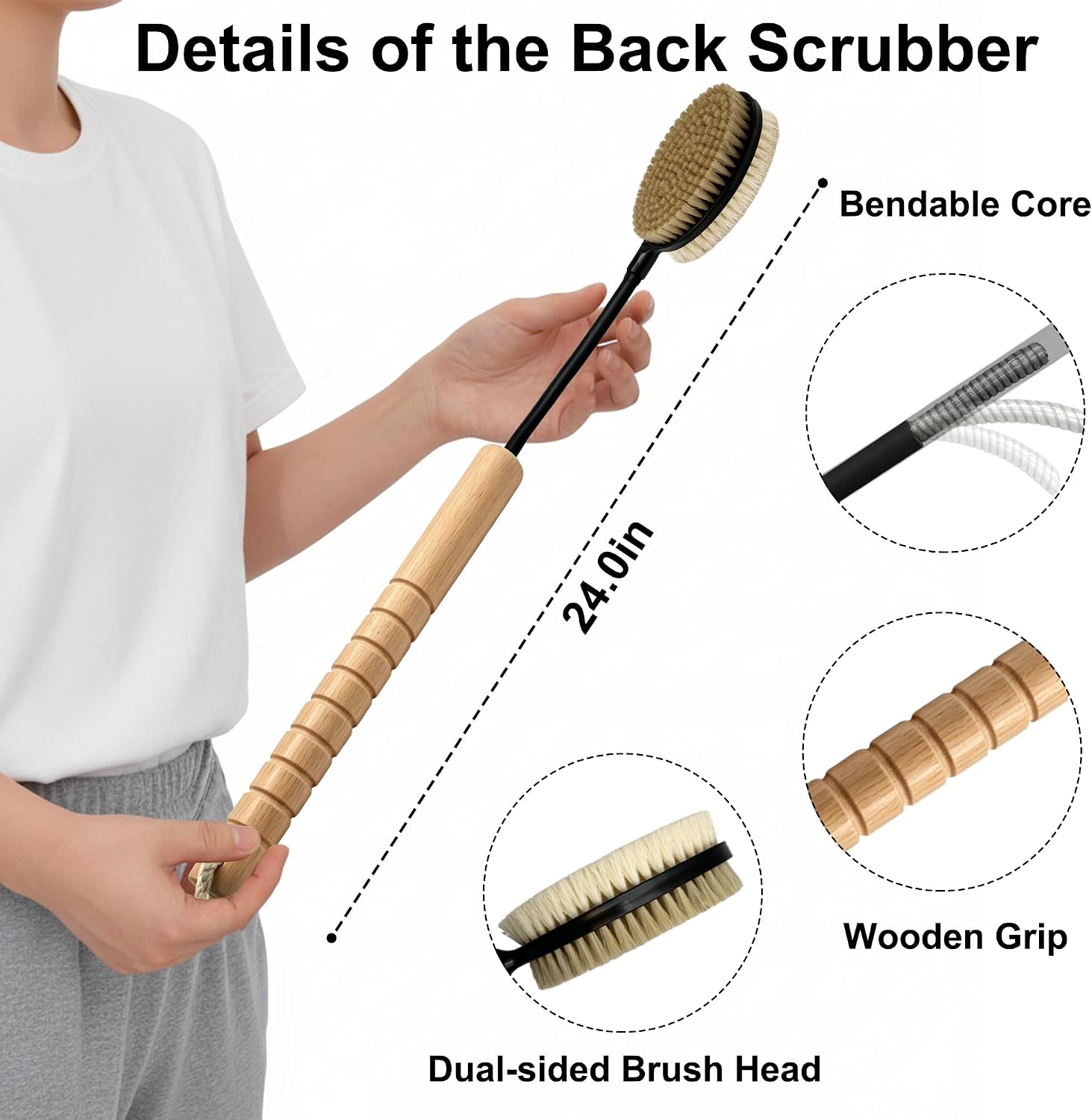 Gobiteli 24" Back Scrubber with Soft and Stiff Bristles for Shower image 2