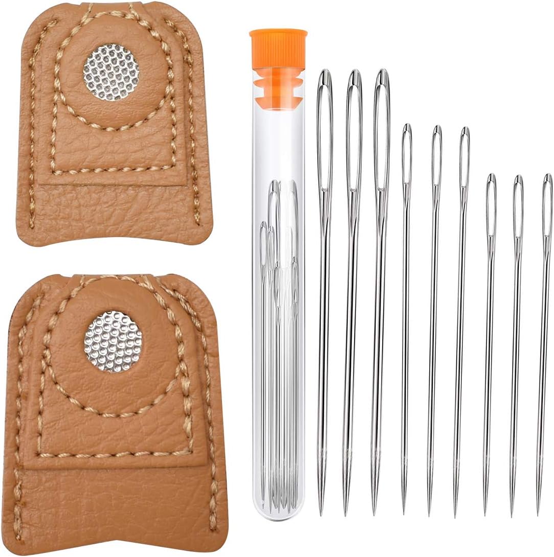 Zliger 4 Pieces Coin Thimble Sewing Thimble Finger Protector Leather & 9 Pieces Large-Eye Needles Sewing Needles Coin Thimble Pad Darning Needle for Needlework Hand Embroidery and Knitting