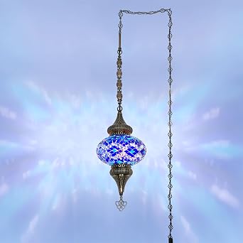 Tiffany Style Home Decor Turkish Mosaic Lamp with Moroccan Pendant Light, Ambient Lighting, Plug-in Hanging Lantern, Tiffany Pendant, and Glass Hanging Light Fixture Blue Rug