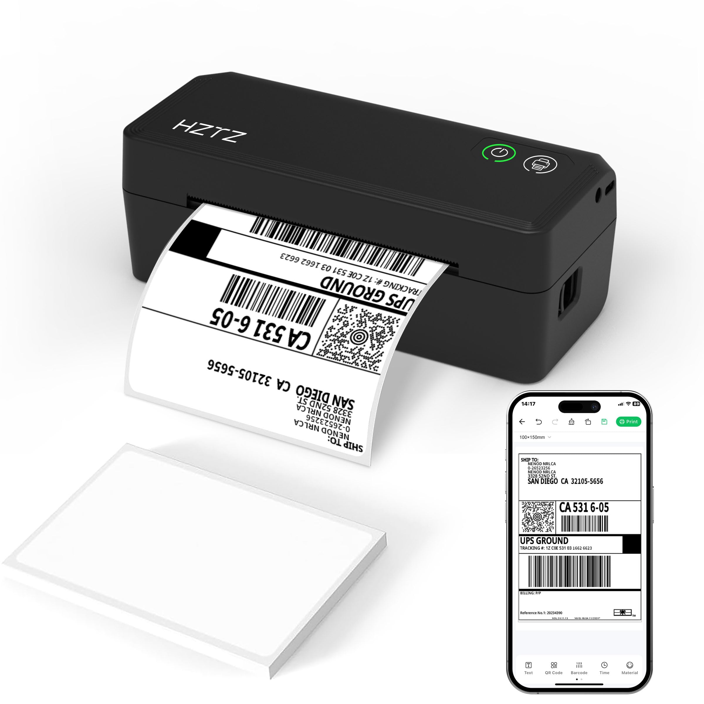 HZTZ termiczna drukarka etykiet Bluetooth 4 x 6, bezprzewodowa wysyłka etykiet do Amazon FBA, Ebay, Shopify, USPS, FedEx, kompatybilna z Windows/Mac/Android/iOS (czarna)