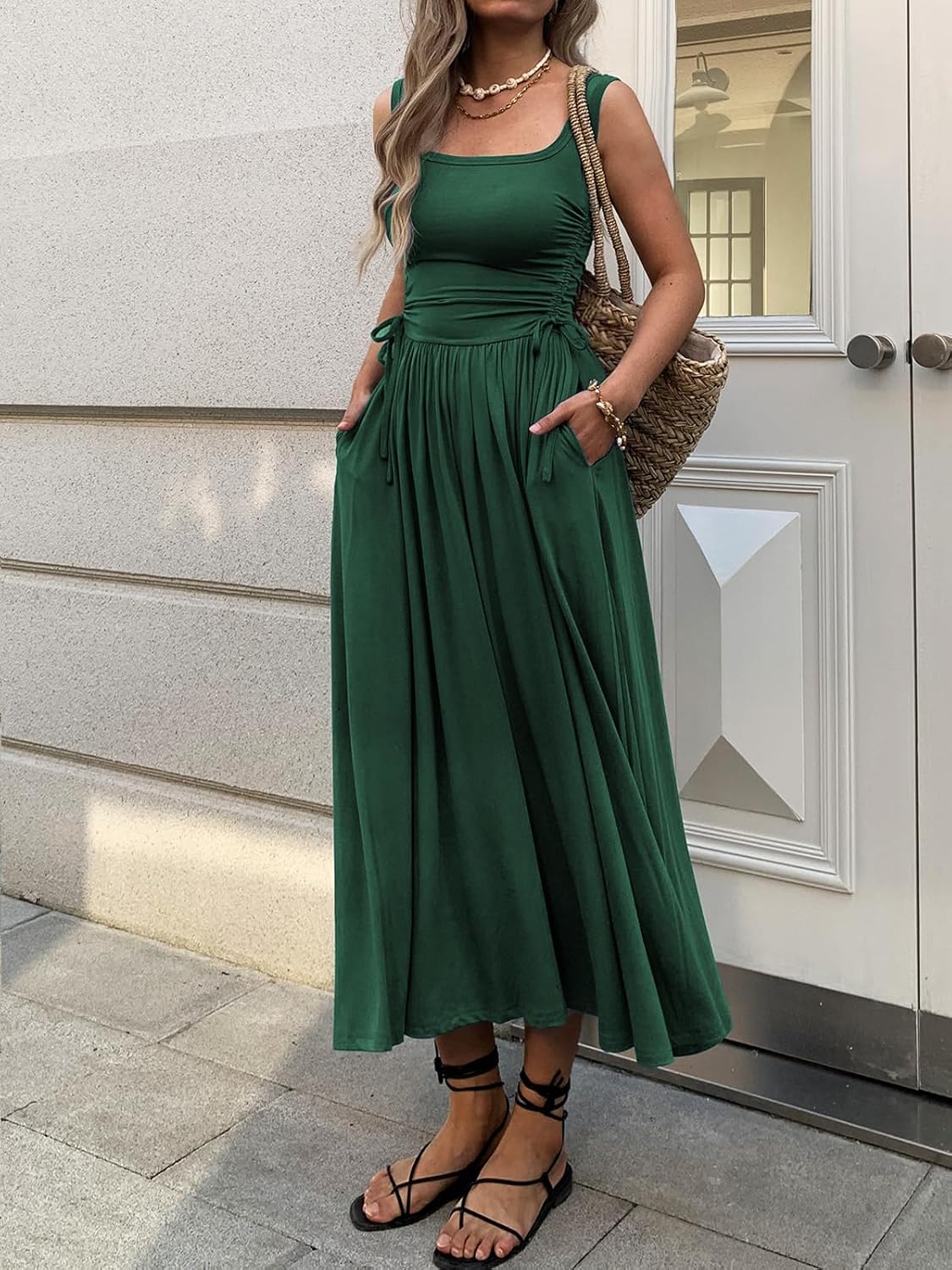 Women’s Boho Summer Maxi Dress with Pockets, Adjustable Waist, Sleeveless Casual Ru... - Image 3