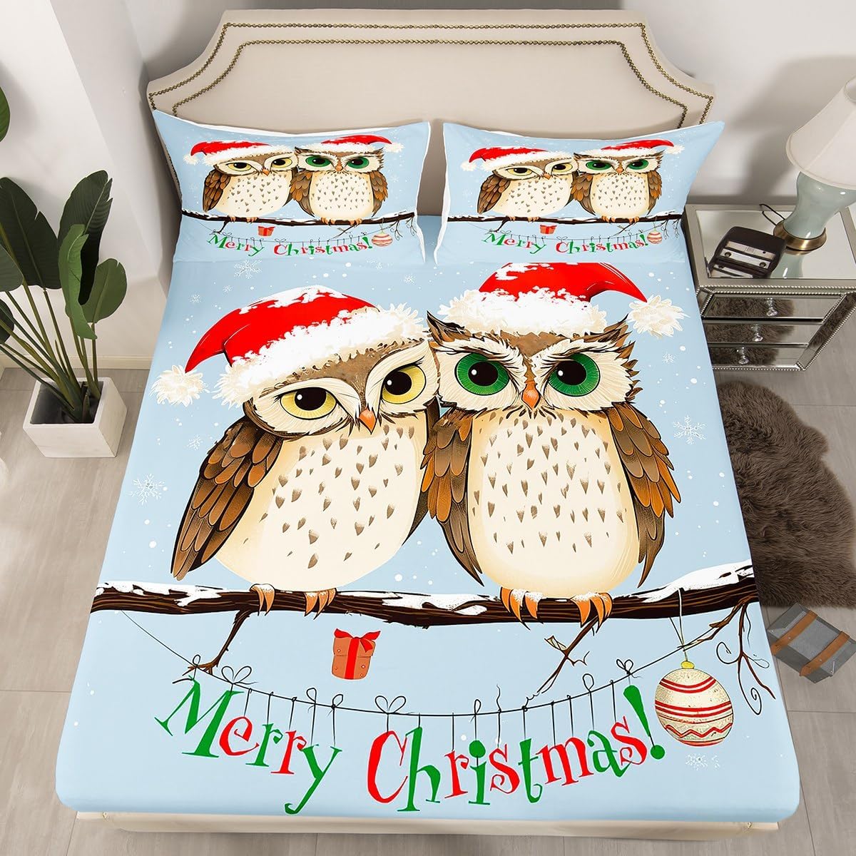Christmas Theme Owl Fitted Sheet Twin Size,Cartoon Animals Bedding Set 2Pcs for Kids Girls Boys Teens Room Decor,Xmas Decor Santa's Hat Bed Sheet Winter Snowflake Deep Pocket Sheet,1 Pillowcase