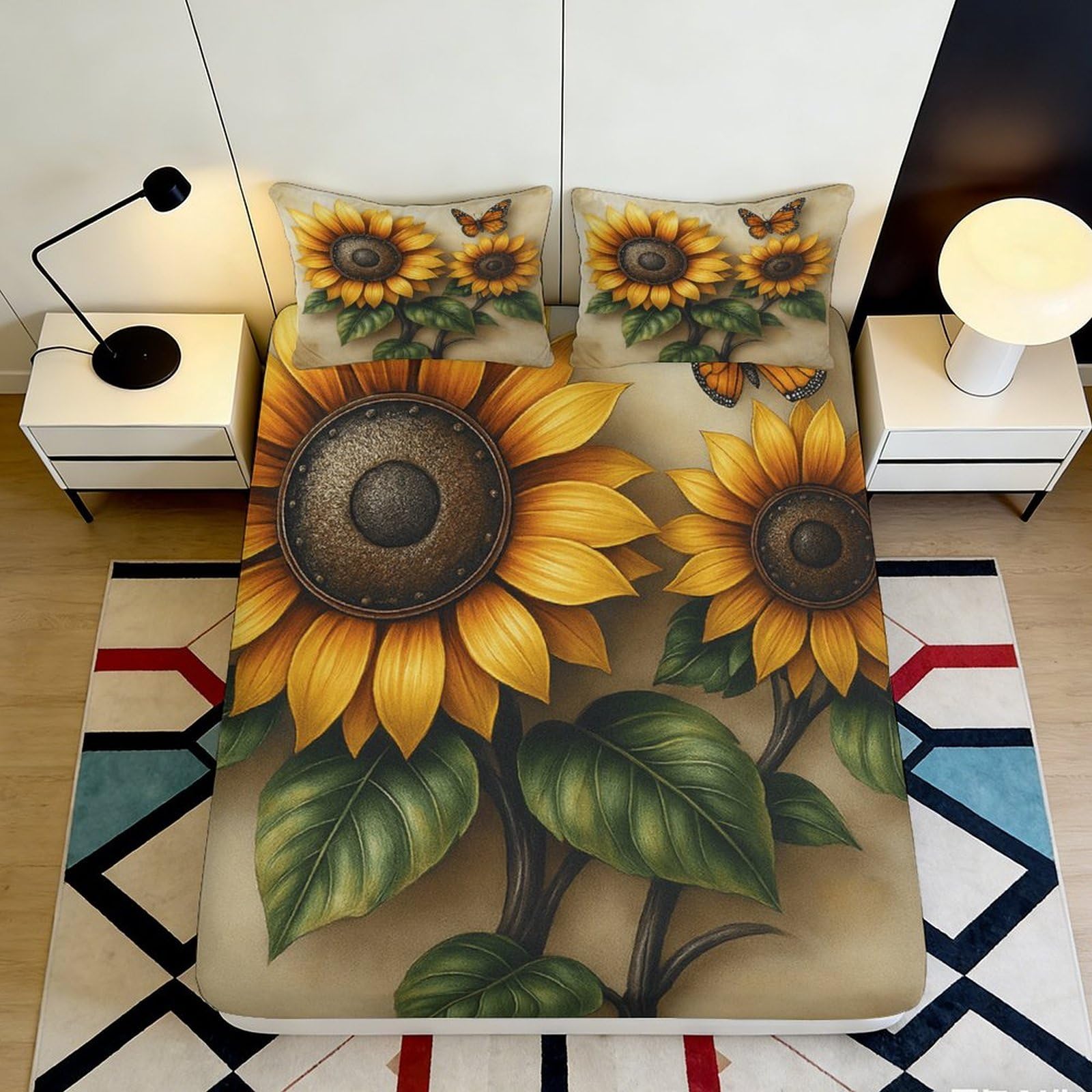 3D Printed Sunflower Butterfly Fitted Sheet Microfiber Anti-Slip Bed Cover for Bedroom Guest Room Easy Care Décor 90x200x25cm