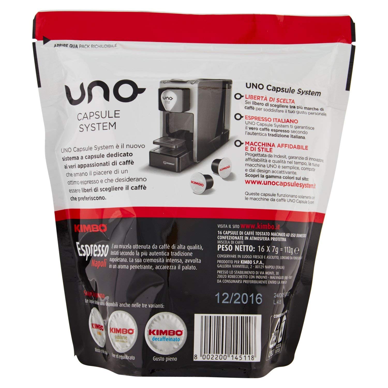 Kimbo 96 Cápsulas de café compatibles Uno System®, Espresso Napoli | 6 paquetes de 16 cápsulas, mezcla equilibrada y corporal, intensidad 10/13, tostado oscuro