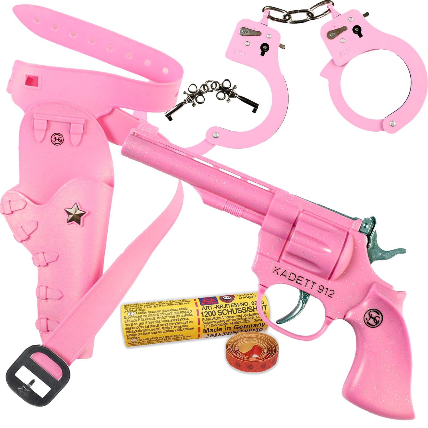Pride Western Set de pistola de cadete rosa 912 con esposas y cinturón con funda, incluye 1200 disparos, munición, accesorios para disfraces, carnaval, fiesta temática
