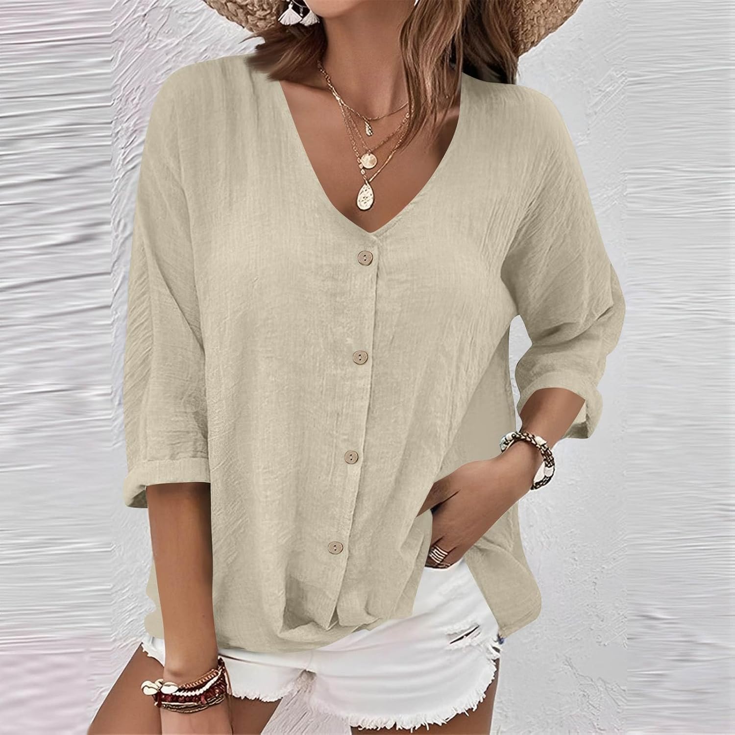 Button Down Shirts for Women Long Sleeve Gauze Shirt Casual Loose Fit V Neck Lightweight Tops Fall Work Blouse