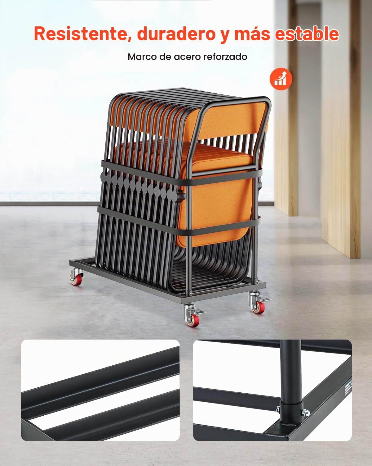 VEVOR Estante para Sillas Plegable, Capacidad de 136 kg, Carrito de Colocación Vertical en Forma de L para 25 Sillas, Carrito de Almacenamiento de Metal Resistente con Ruedas de Goma, Negro Mate
