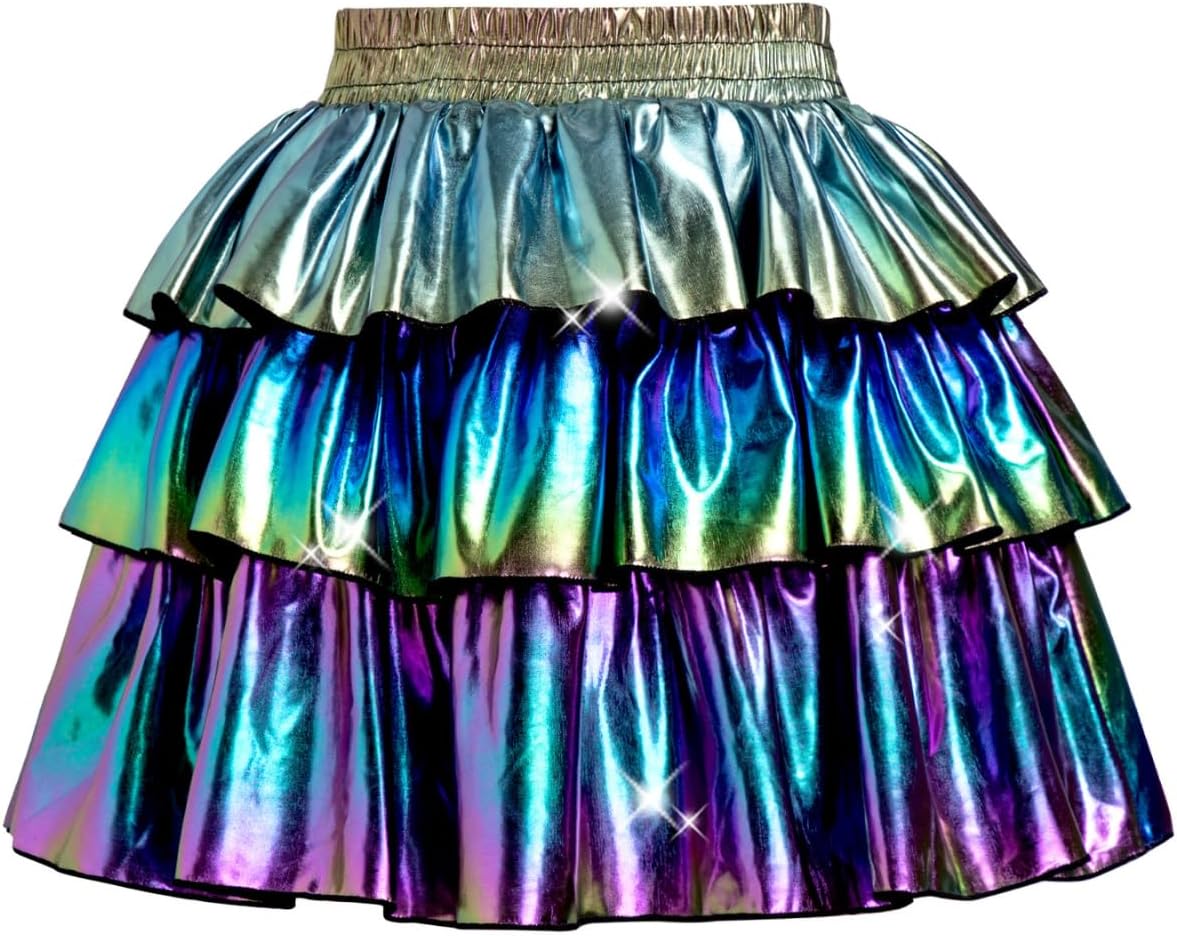 DAXIANG Girls 3 Layer Metallic Skirt with Built-in Shorts Ruffle A Line Skirt for Girls Party Birthday 4-13 Years
