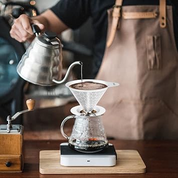 Pour Over Coffee Dripper Filter, Reusable Stainless Steel Metal Pour Over Coffee Maker Cone,Paperless Permanent Coffee Strainer,Coffee Mesh Filters for 1-4 Cup with Base and Cleaning Brush