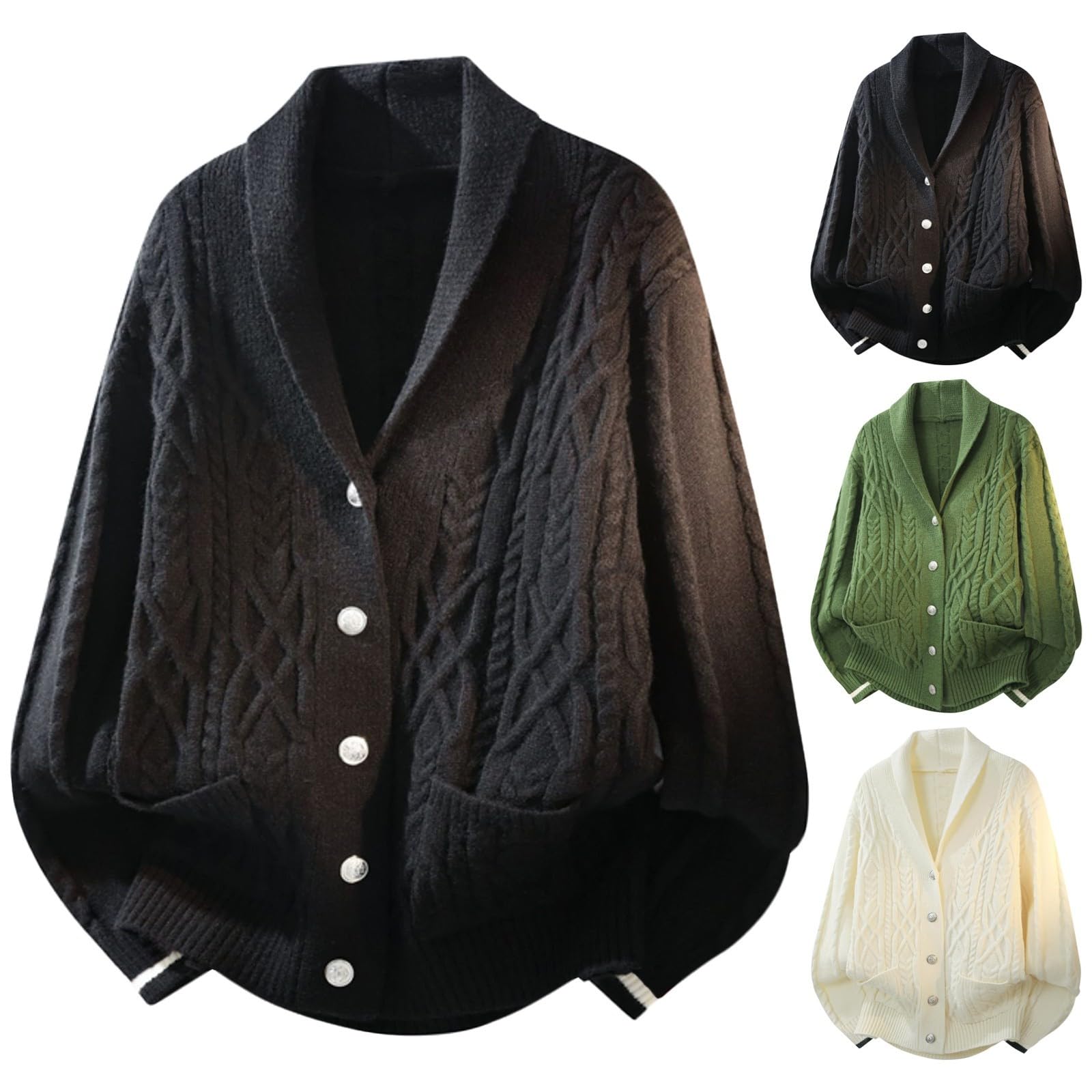 Generisch Cárdigan de punto de corte relajado para hombre de invierno, jersey de algodón largo, clásico, cálido, grueso, suéter de punto blanco, cuello de pico, suéter de trabajo, informal, ropa
