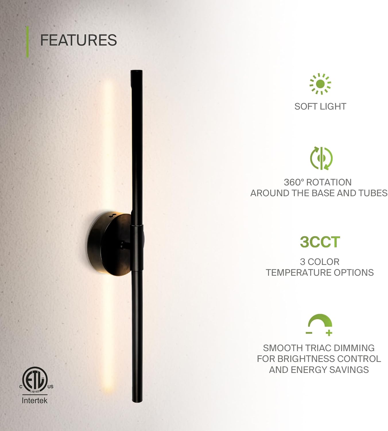 ASD LED 24" Linear Tube Wall Sconce, Modern Bathroom Light Bar | 3CCT, Dual 360° Rotatable, Dimmable, ETL Listed | 8W 666LM 3000-5000K 100-277V | Bedroom, Hallway Vanity Lighting | Black