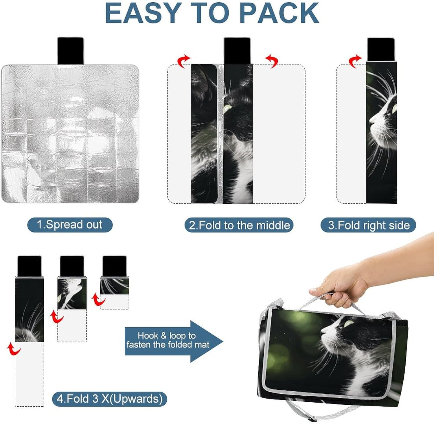 Outdoor Picnic Blanket Extra Large Beach Blanket Waterproof Picnic Mat A Black and White Cat Camping Blanket Portable with Carry Strap Park Blanket for Grass Camping Park