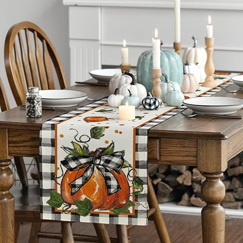 Miniatura 3 de Artoid Mode Camino de mesa de otoño con lazo de calabaza, decoración de mesa de comedor de cocina de otoño para decoración de fiesta del hogar, 13 x
