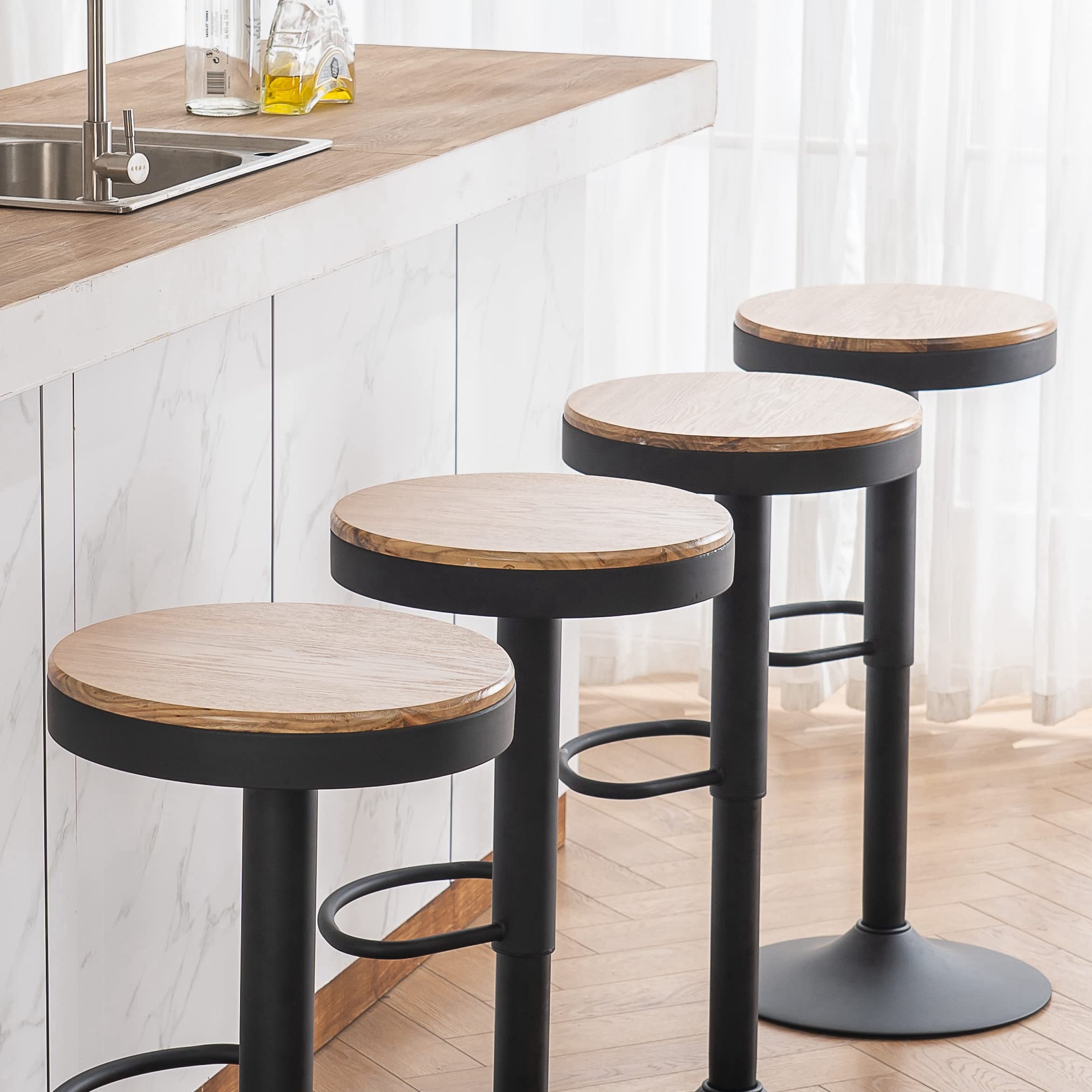 Kidol & Shellder Tabourets de Bar Chaises de Salle à Manger Lot de 2 Noir, Tabouret en Bois Hauteur Réglable à 360°, Tabouret de Bar en Bois et Métal, pour Maison Cuisine Comptoir Bistro
