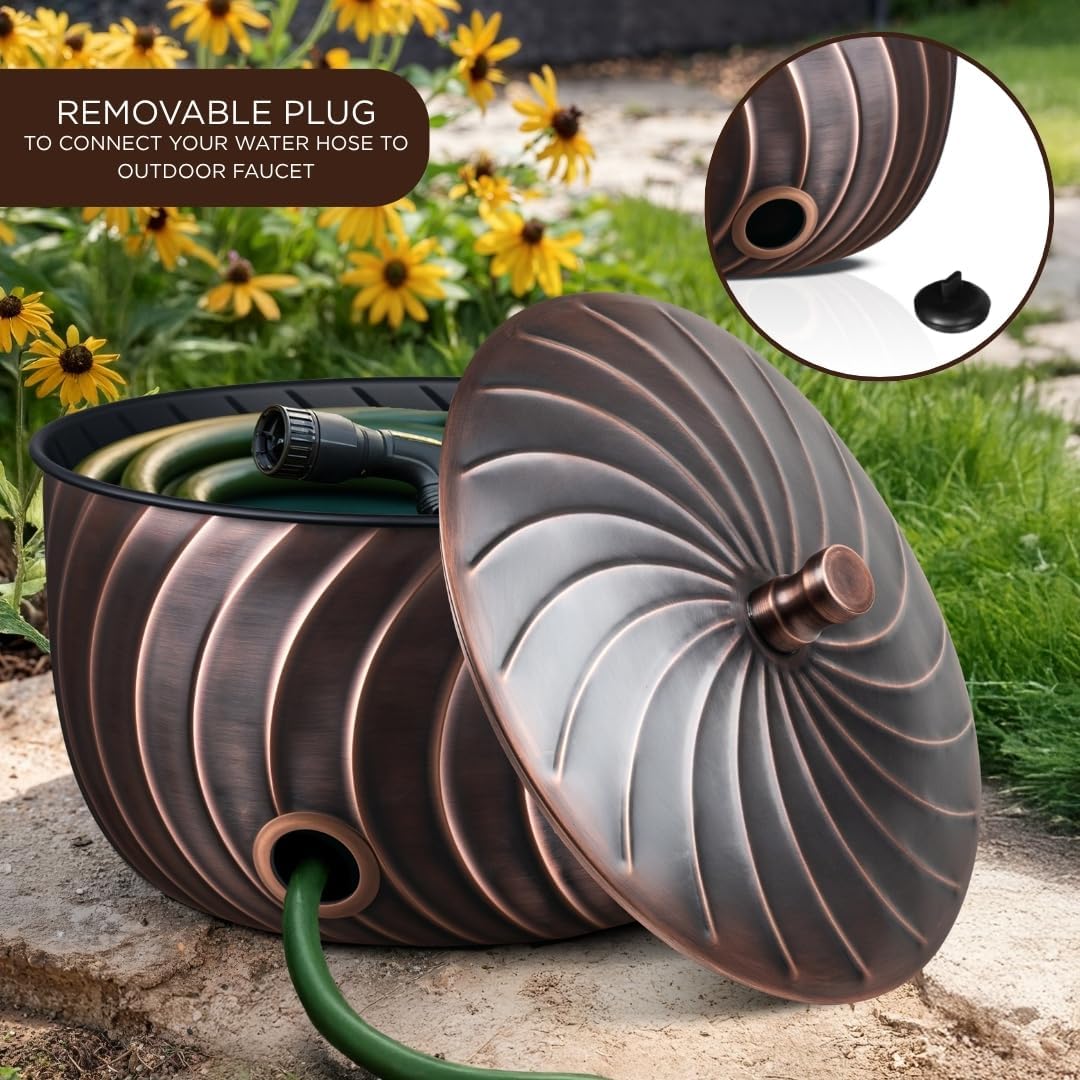 Monarch Abode Garden Hose Holder with Lid – Decorative Water Hose Holders for Outside, Wave Embossed Metal Antique Copper Pot with Drainage, 100ft Waterhose Holder for Outside, Garden Storage Caddy