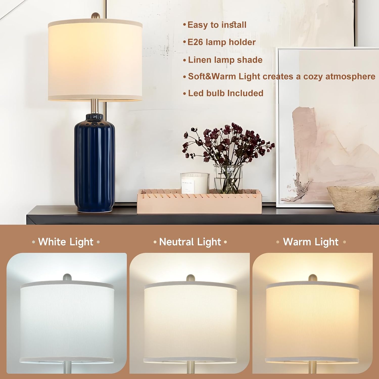 Lamp for Living Room Bedroom Lamps Farmhouse Table Lamps Set of 2 Vertical Stripe Ceramic Table Lamp,Linen Shade with Bulb, 25 in High,Navy Blue