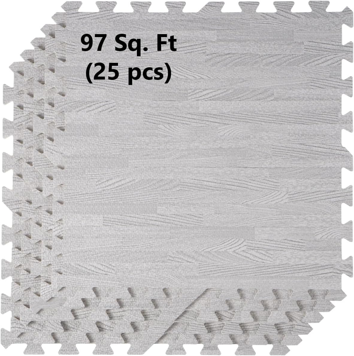 Nisorpa 97 Sq. Ft Wood Grain Foam Tiles,24" x 24" 25 Pcs Interlocking EVA Foam Floor Mats Soft Printed Protective Flooring for Home,Gym,Playroom,Gray Grey