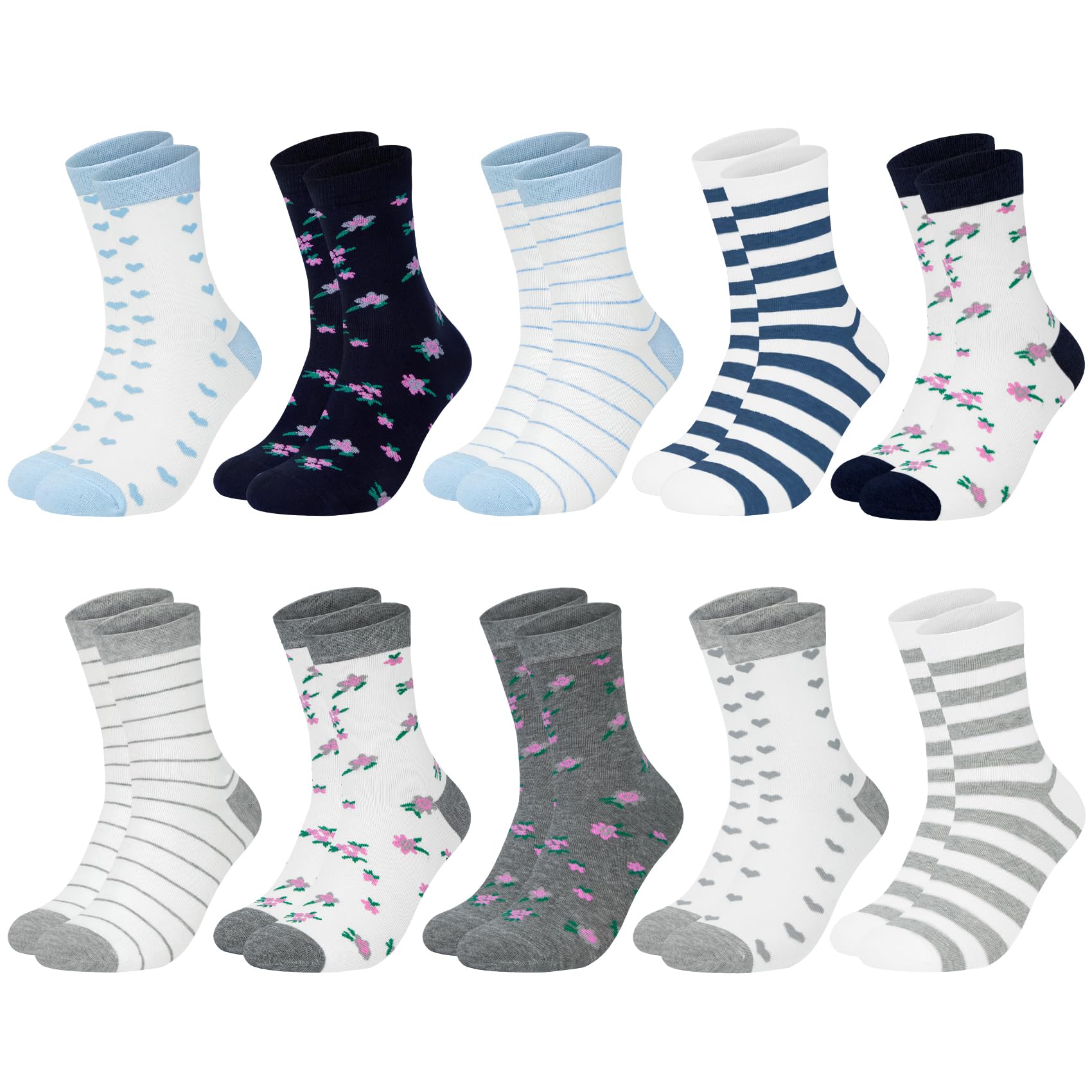 Chalier Cozy 10 Paar Damen Socken Baumwolle mit bunten Streifen, Punkte und Herzen - Bequeme Alltagssocken, ideale Geschenke für Frauen. Einheitsgröße