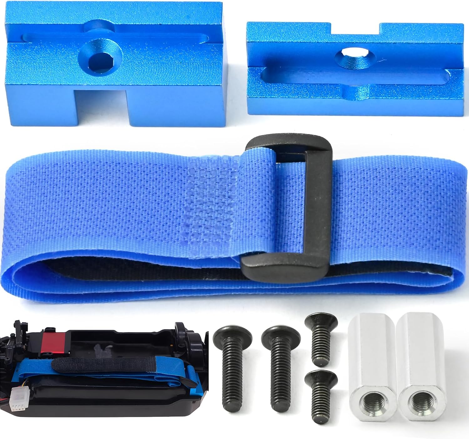 Battery Holder Mount Hold Down Upgrade Part for 1/10 Tamiya TT02 TT02D TT02B TT02BR Aluminum Alloy Battery Holder with Strap RC Upgrade Replacement Parts