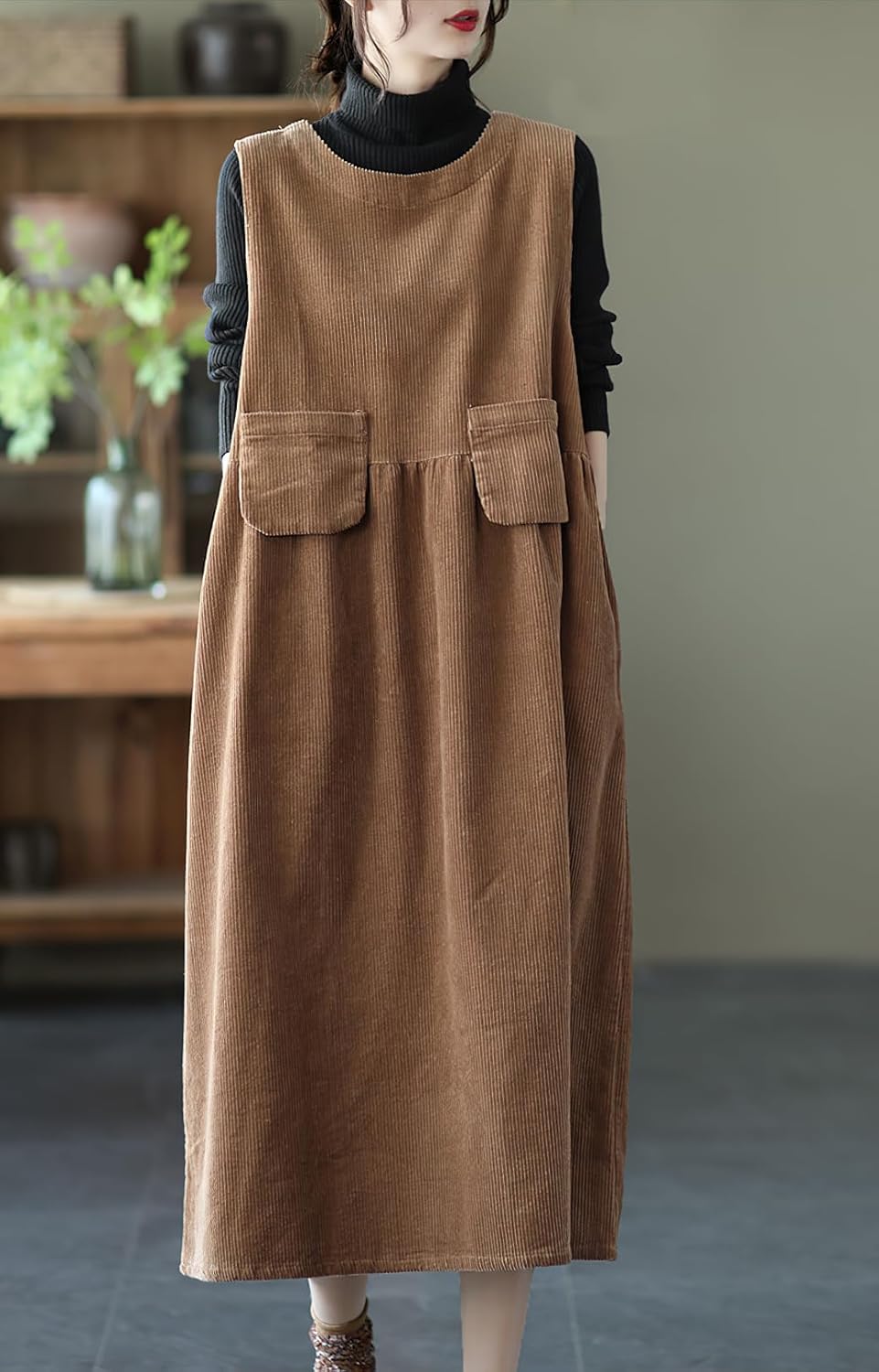 chouyatou Womens Fall Winter Sleeveless Corduroy Overall Dress Jumper Maxi Babydoll Tank Dress with Pocket