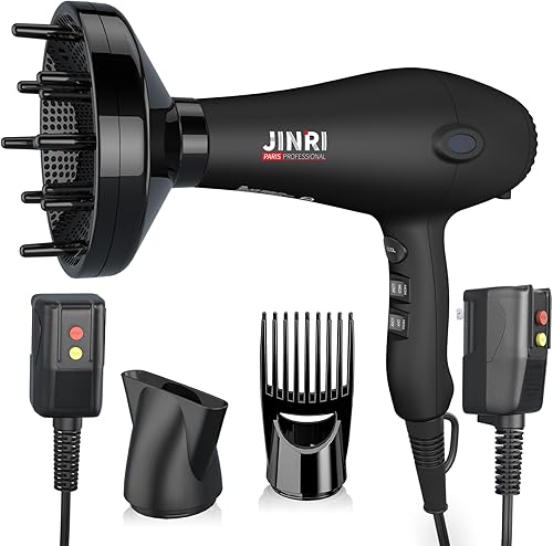 Blow Dryer - JINRI 1875W Diffuser Hair Dryer for Salon & Personal Use – Powerful, Fast Drying with Diffuser and Comb & Nozzle for Women & Men, ALCI Safety Plug, Black