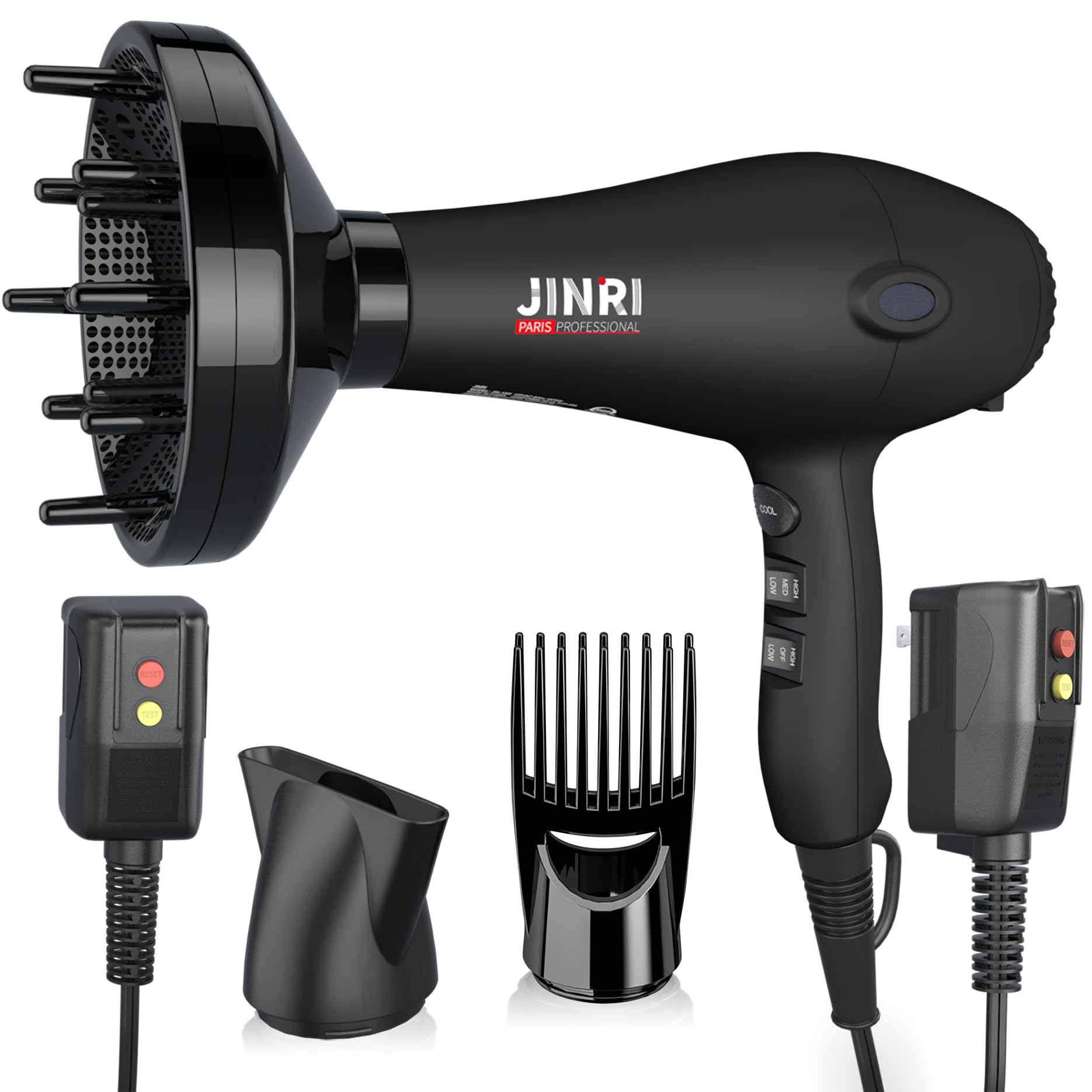 Blow Dryer - JINRI 1875W Diffuser Hair Dryer for Salon Personal Use Powerful Fast Drying with Diffuser Comb