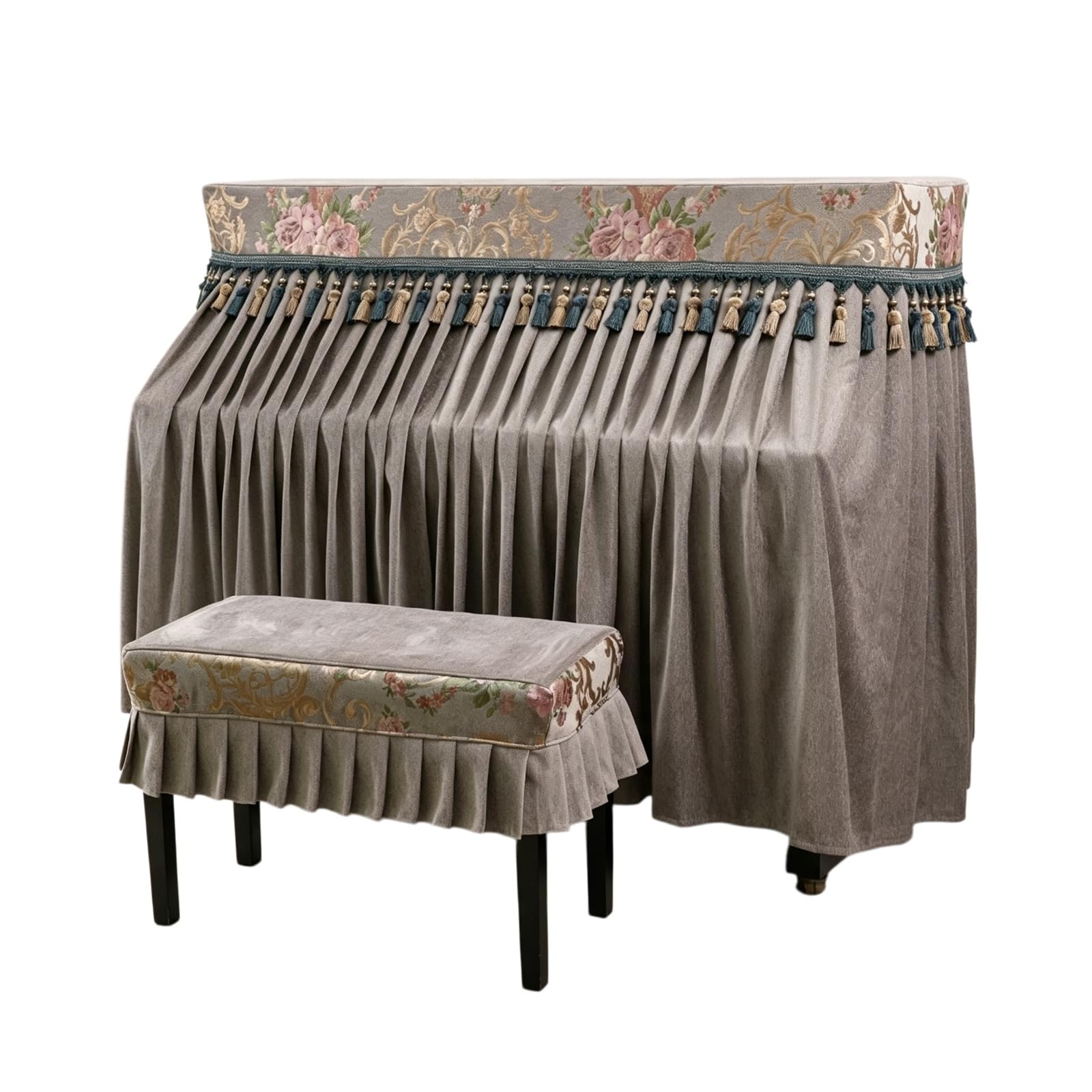Copertura for pianoforte verticale, tessuto spesso grigio, protezione completa, design con apertura centrale for la maggior parte dei pianoforti verticali(Piano Cover+Single Bench Cover)