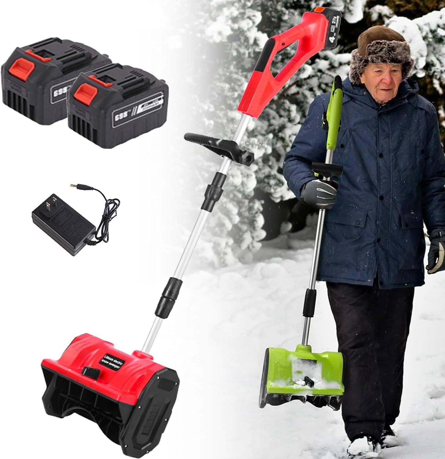 Pala da Neve elettrica con Display Digitale, spazzaneve a Spinta Manuale da 650 W con 2 batterie, Regolazione telescopica, Pala da Neve per Esterni per Patio, Fattoria Red