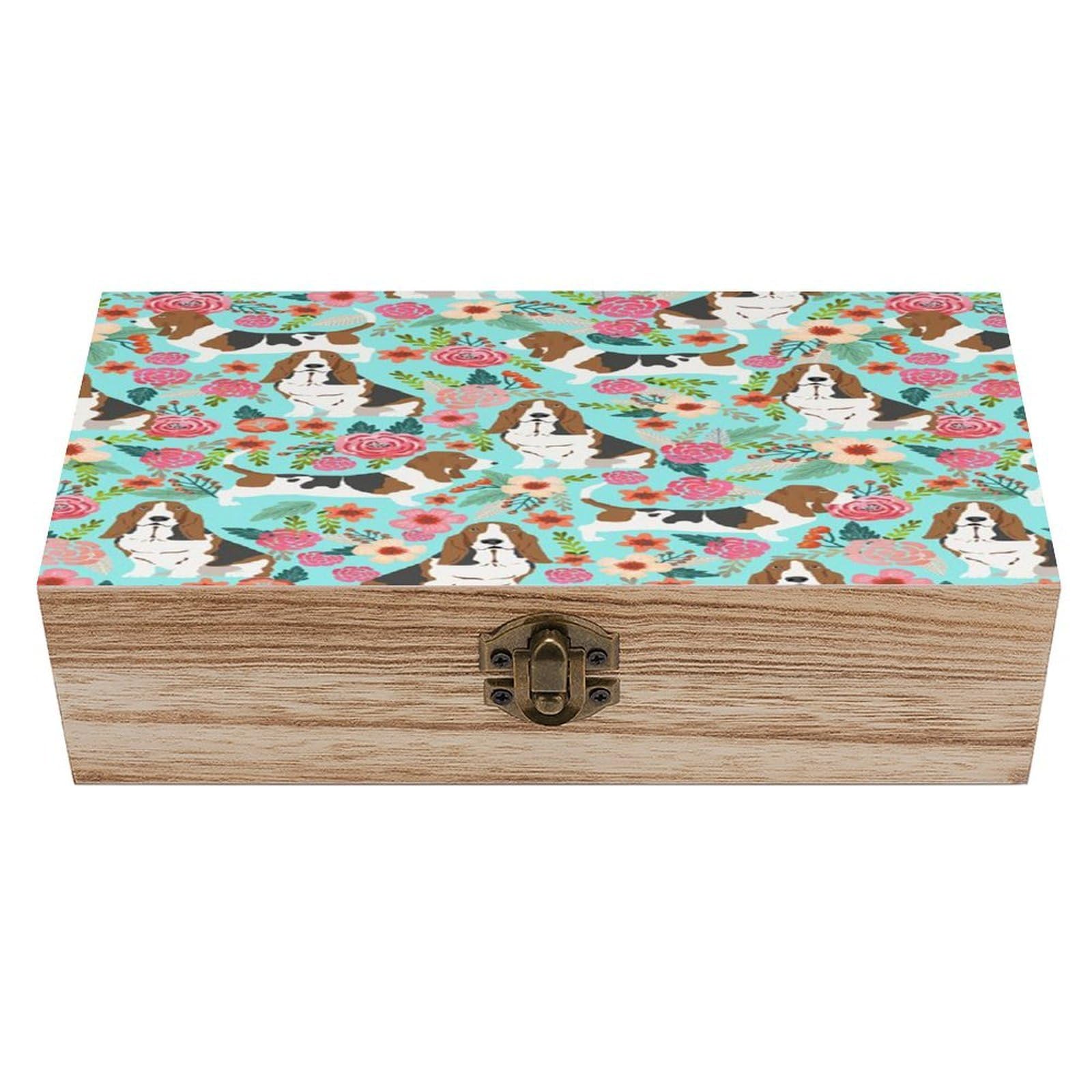 Sweet Basset Hound Florals Wood Keepsake Box Wooden Box with Hinged Lid