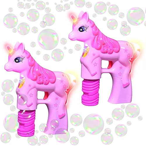 Miniatura 6 de Juego de dos pistolas de burbujas de unicornio para recuerdos de fiesta, diseño sin sonido, apto para padres, 4 repuestos de burbujas y baterías