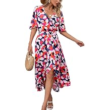 Kormei Women Short Sleeve V Neck Floral High Low Flowy Summer Party Long Maxi Dress