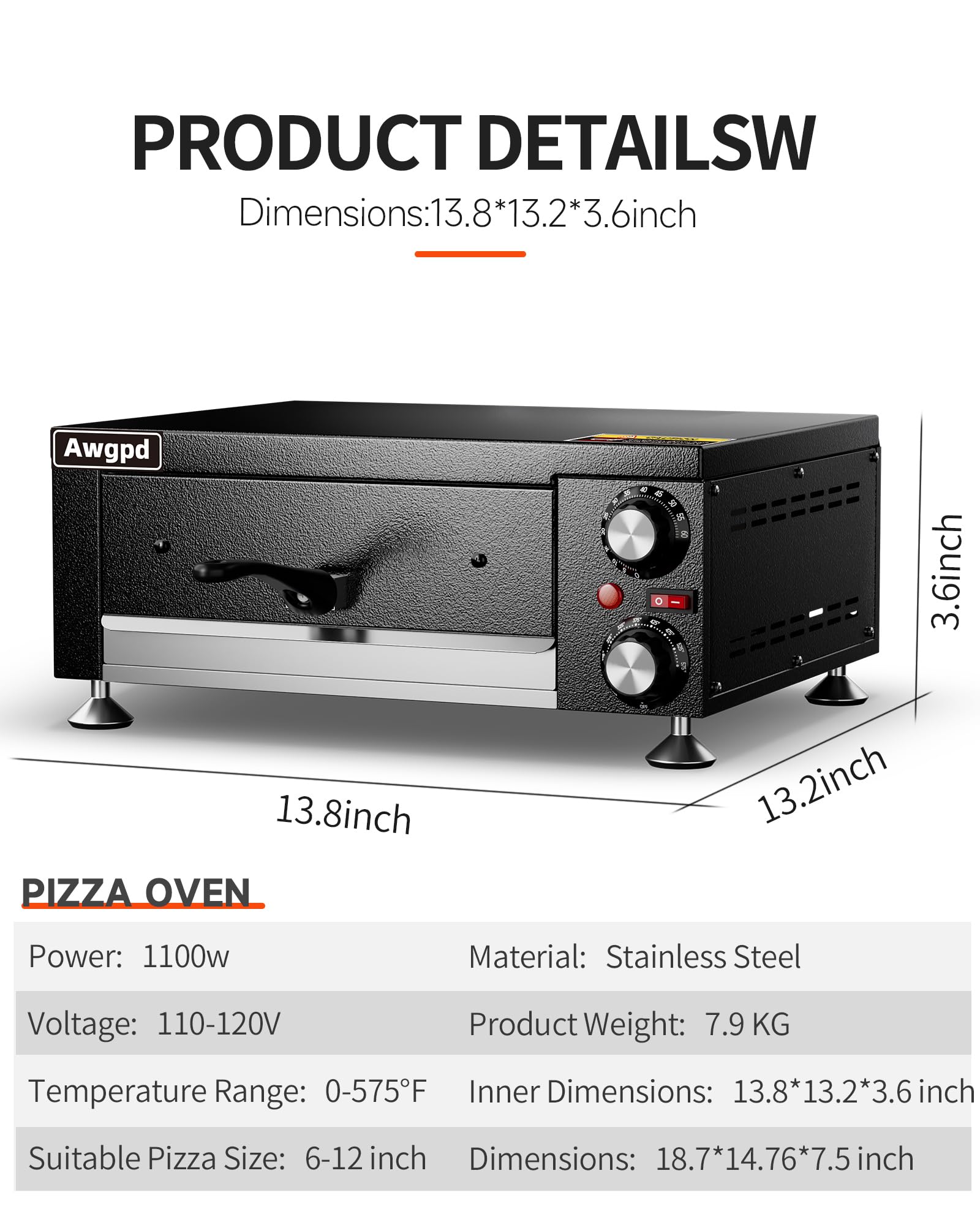 Awgpd Electric Pizza Oven Indoor Countertop Pizza Oven Commercial Pizza Maker Machine for Home with Timer Stainless Steel Pizza Cooker, Suitable for Both Commercial and Home Use (Black)