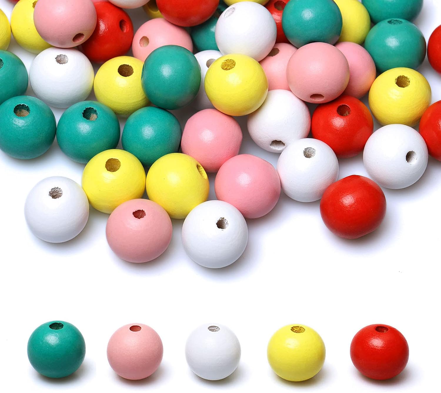 100 Round Wood Beads 20mm White, Red, Pink, Yellow, Teal Wooden Beads Variety Pack Colored Wooden Loose Spacer Beads for Holiday Favors Party Decoration, 4mm Hole 20mm, 5 Colors#1
