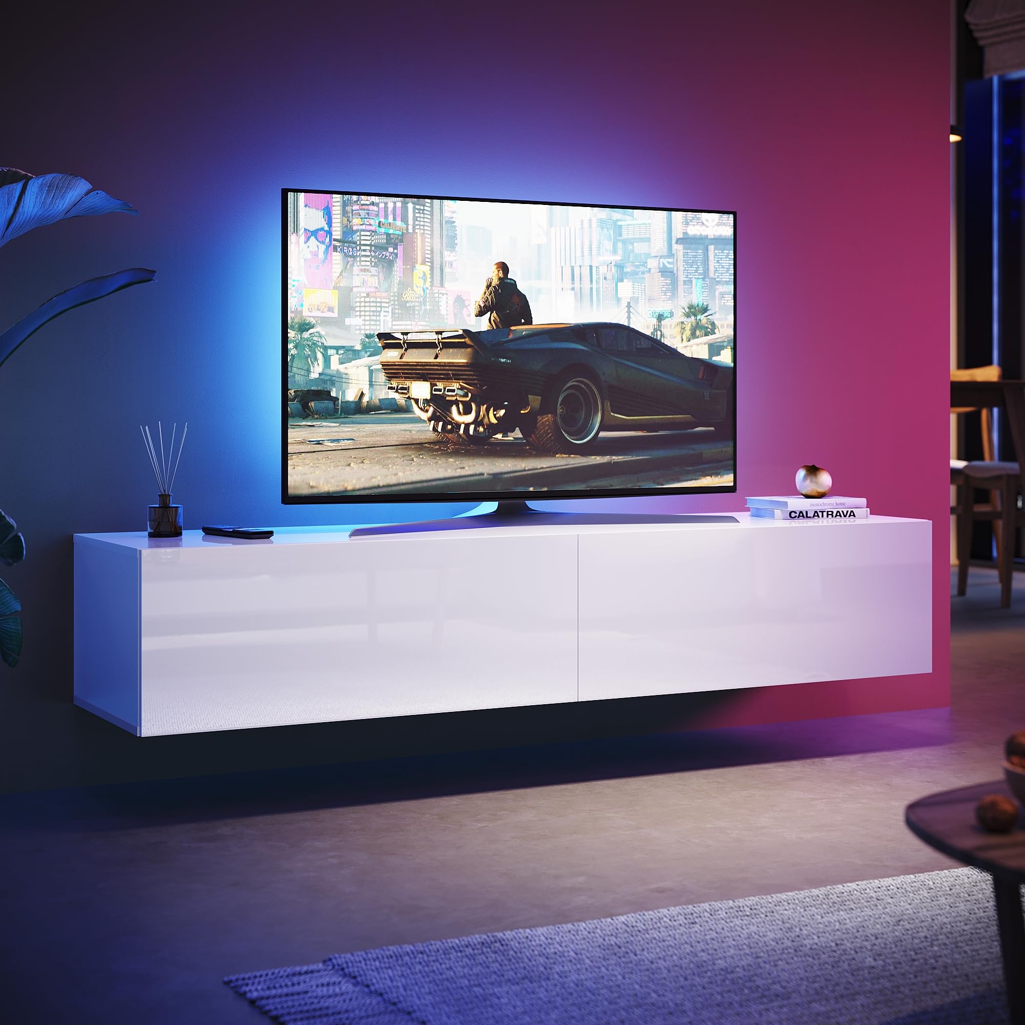 Mueble de TV colgante de 160 cm, moderno, mueble bajo para TV, color blanco, brillante, armario de pared, armario colgante moderno, muebles de salón, 160 x 40 x 30 cm