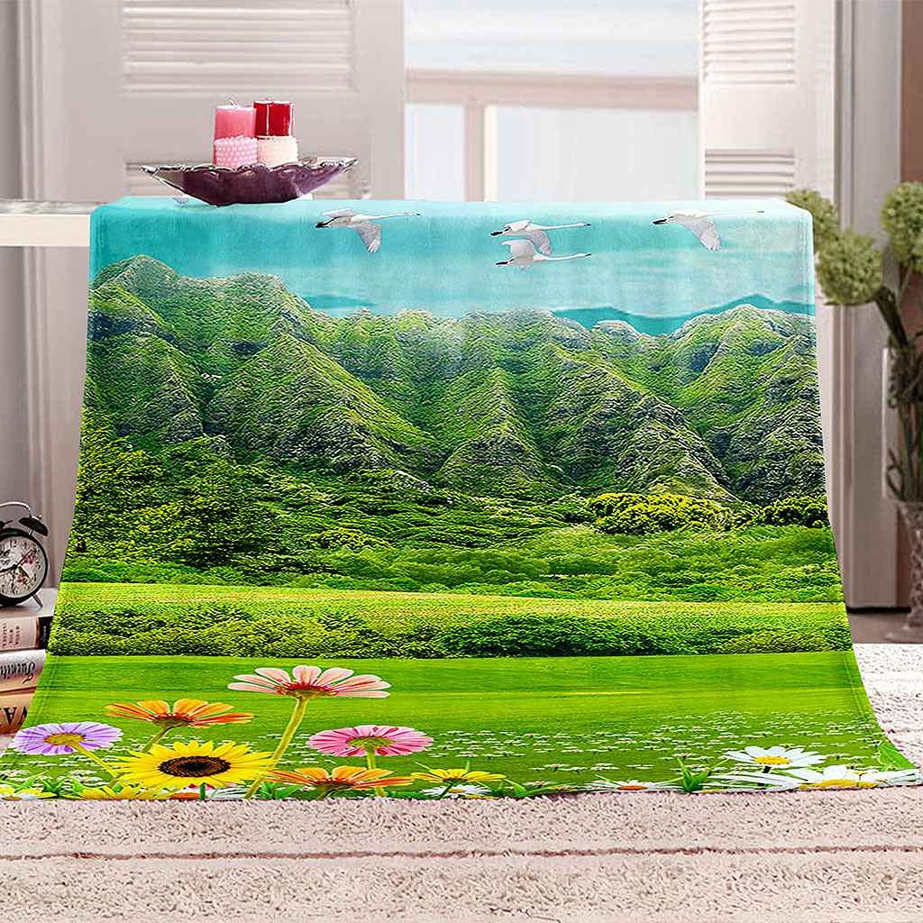 Couverture flanelle paysage de prairie verte 150x200cm pour lit