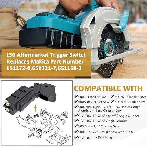 Miniatura 5 de 651121-7 Interruptor de gatillo eléctrico L50 2412A-125250V para Makita 651172-0,651168-1 5007NB 5007S 5007FK 5007F GA5010Z pieza de repuesto,