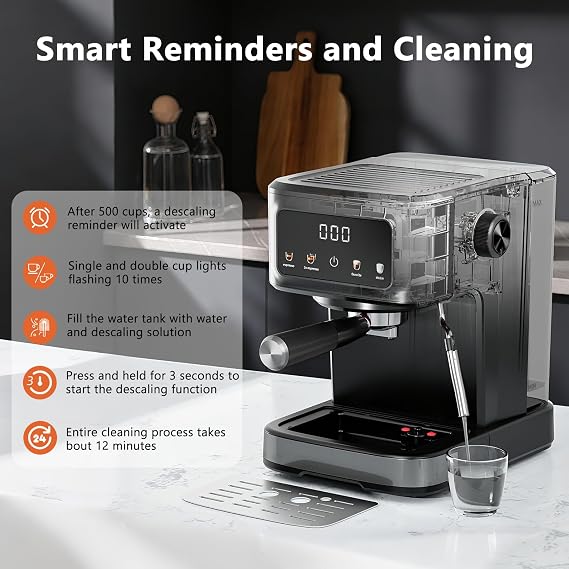 Kndko Espresso Machine, 15 Bar Digital Espresso Maker, Milk Frother Steam Wand for Latte & Cappuccino, Compact Coffee Machine, 1.5L Removable Water Tank, 2 cups dual-stainless steel filter