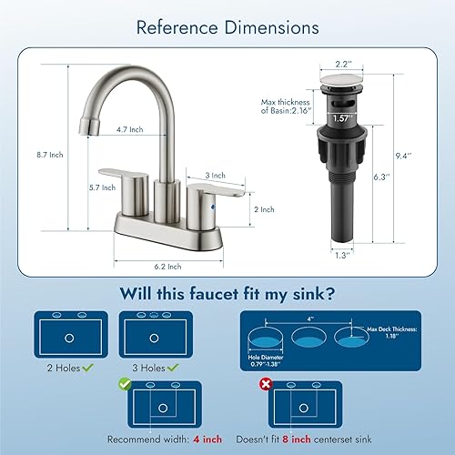 Miniatura 5 de Grifo de baño de 4 pulgadas, grifo de lavabo de baño de doble mango, grifo de baño de níquel cepillado, boquilla giratoria de 360 grados, montaje en