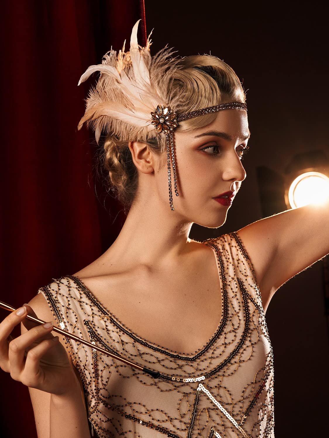 SWEETV 1920s Headpiece Flapper Headband, Rhinestone Pearl Feather Hair Band Great Gatsby Headpiece Accessoreis for Women,Champagne - Image 3