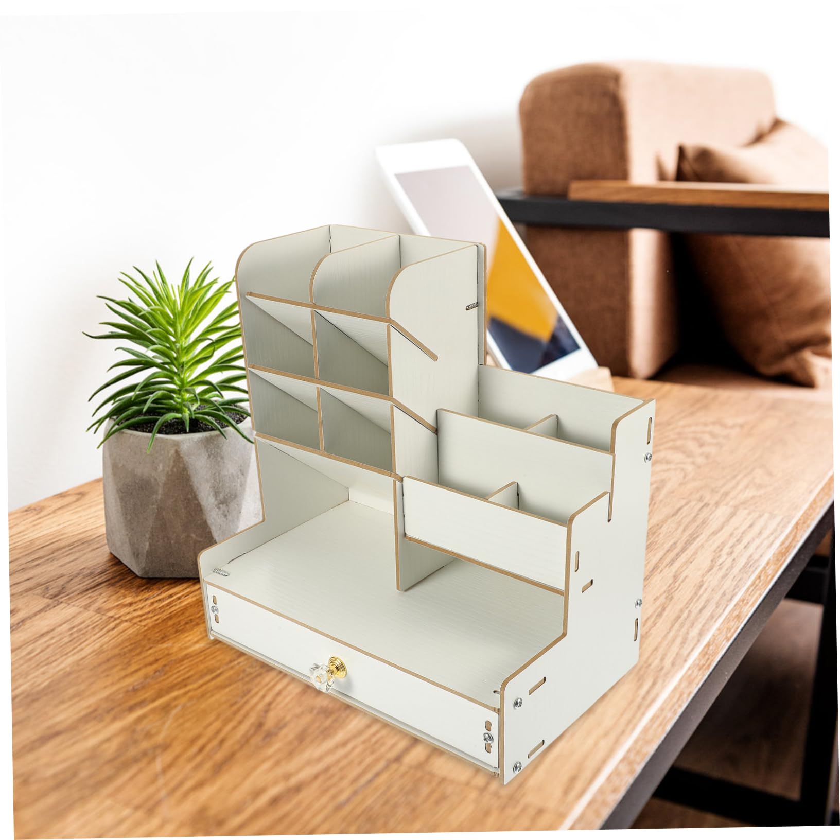 Amosfun Porta Penne Da Scrivania in Legno Organizer Multiuso Per Cancelleria Scomparti Scatola Portaoggetti Resistente e Pratico Per Ufficio e Studio
