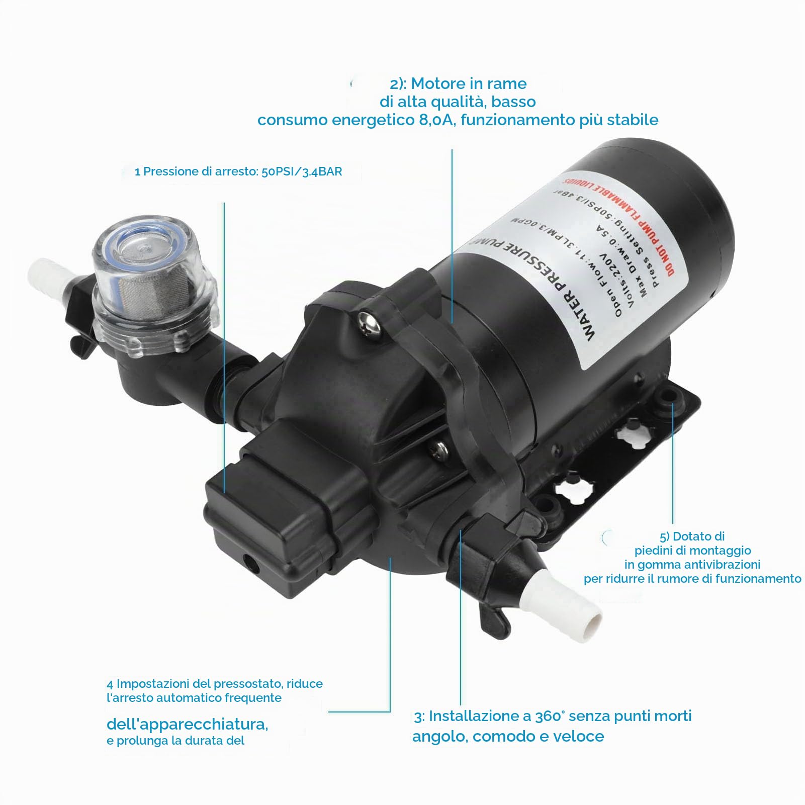 Pompa a Diaframma Dell'acqua, 220V 11.3LPM 50PSI Pompa a Diaframma di Pressione Dell'acqua Autoadescante per Auto, Camper, Yacht, Roulotte, Barche Marine