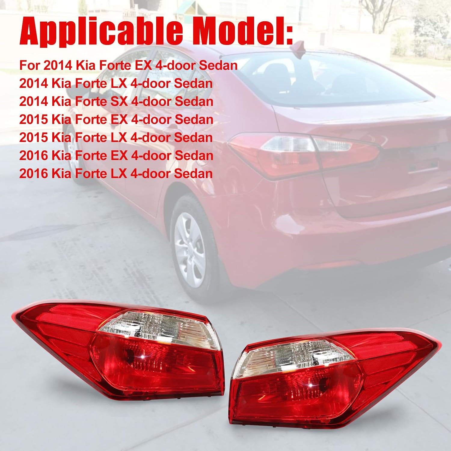 For 2014 2015 2016 Kia Forte 1 Pair Halogen Outer Tail Lights Rear Tail Lamps Red+Clear Lens Black Housing (Left Side+Right Side)
