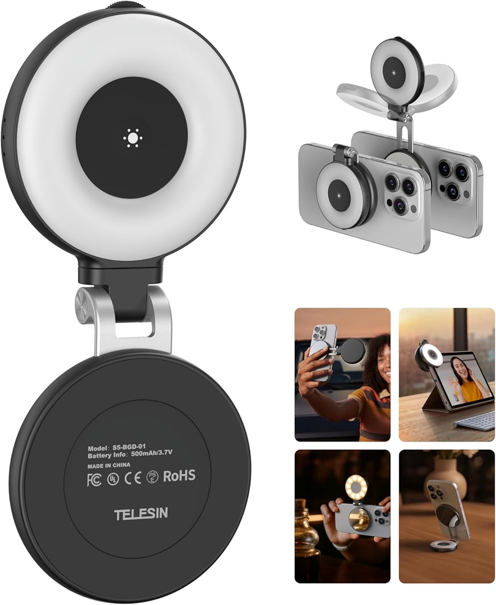 TELESIN C03 Magnetic Phone Beauty Selfie Light Compatible with iPhone Magsafe, CRI97 360° LED Selfie Ring Fill Light with Mirror for Selfies/Photography/TikTok/Zoom Calls/Video Conference(Black)
