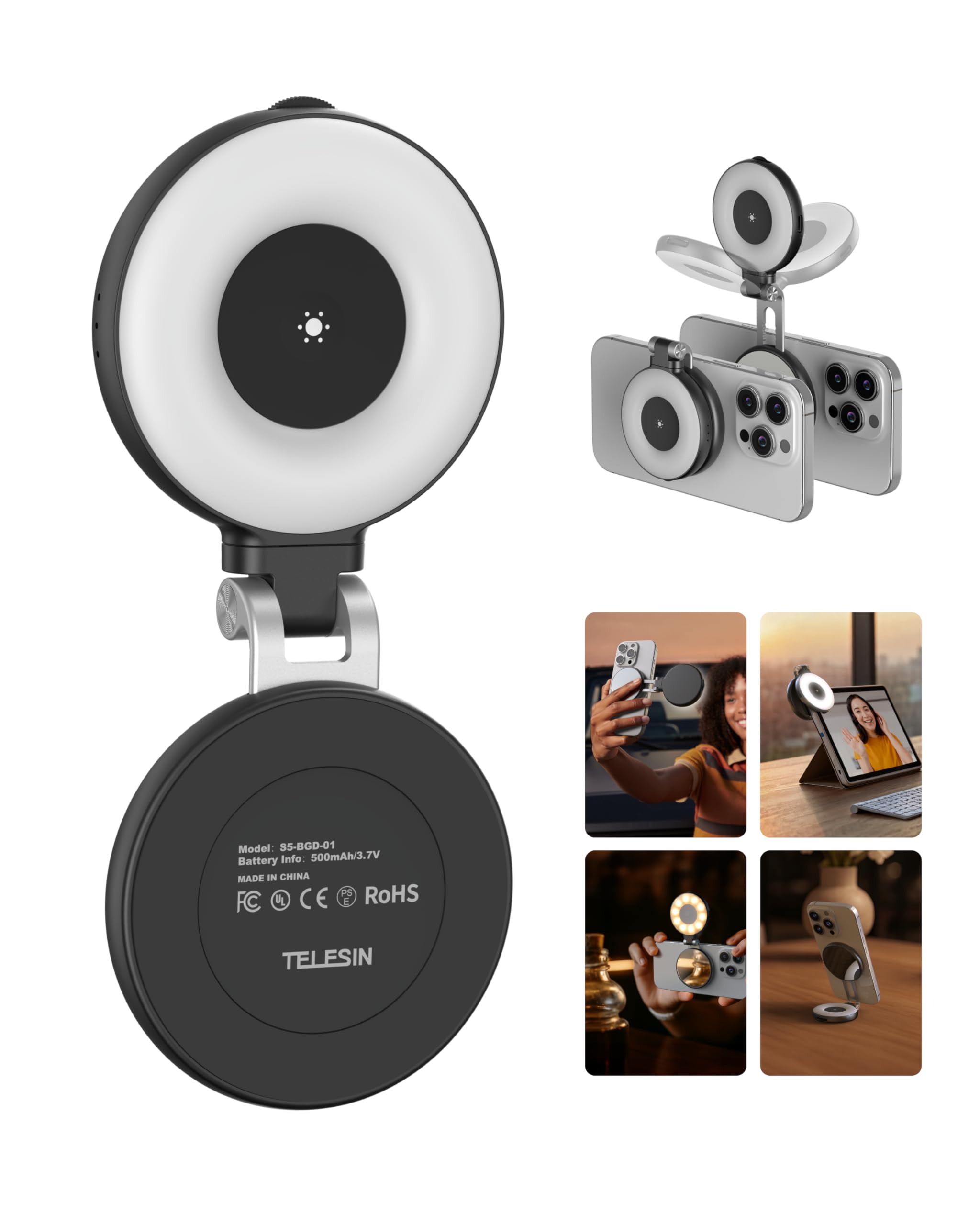 TELESIN C03 Magnetische Selfie-Licht, Handy-Licht kompatibel mit Magsafe, CRI97 360° LED Selfie Ring Fülllicht mit Spiegel für iPhone/Android, für Selfies/Fotografie/TikTok/Zoom Anrufe (Schwarz)