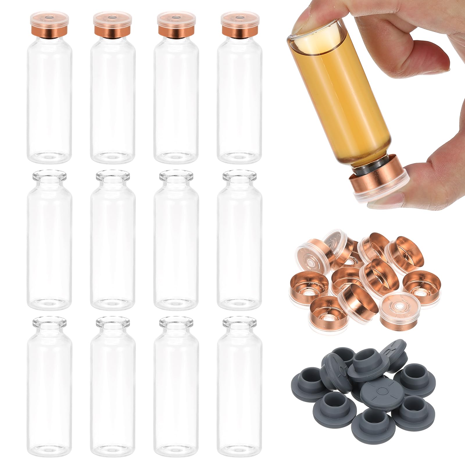 PATIKIL 12pcs 20ml Clear Borosilicate Glass Sample Vials with Aluminum Plastic Cap and Rubber Stopper for Lab Solid Liquid Powder Storage, Gold Tone